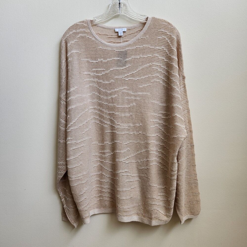 Pure Jill Sweater Women XLT Beige Linen Blend Long Sleeve Open Knit Round Neck